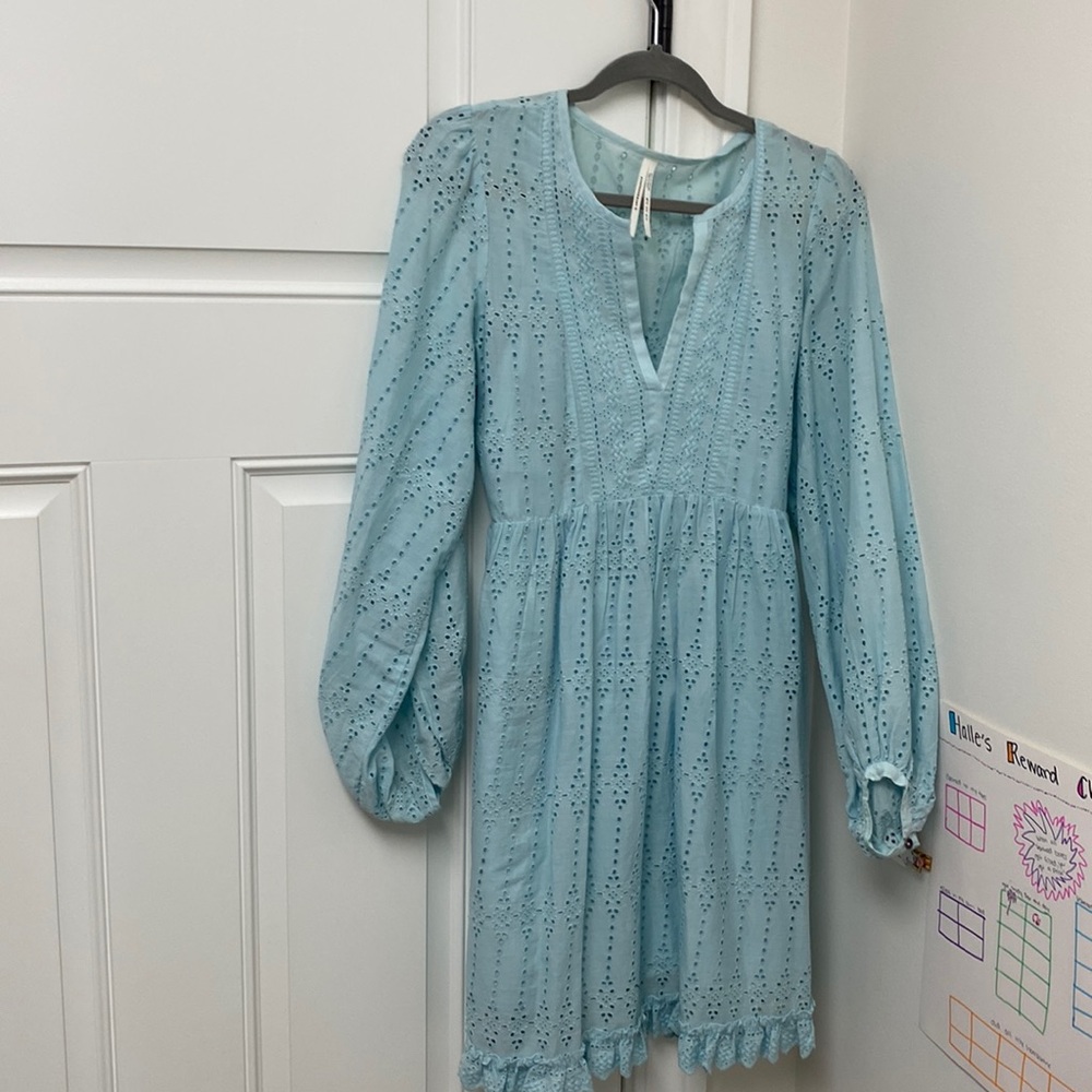 Anthropologie Light Blue Eyelet Long Sleeve Dress